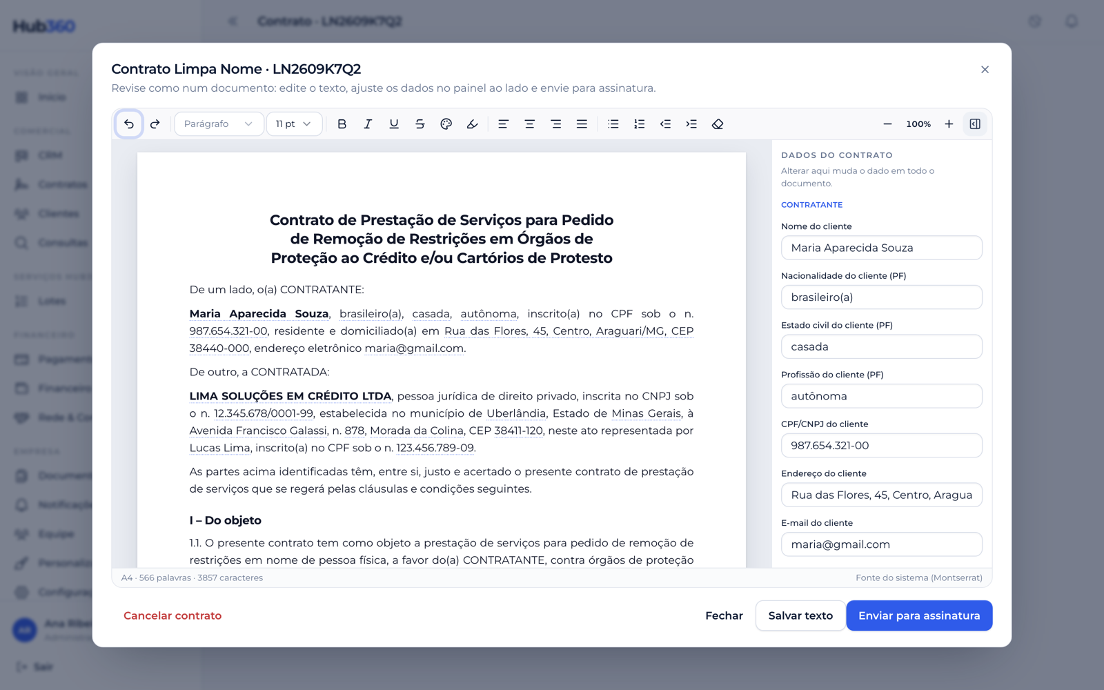Editor de contrato com painel de dados
