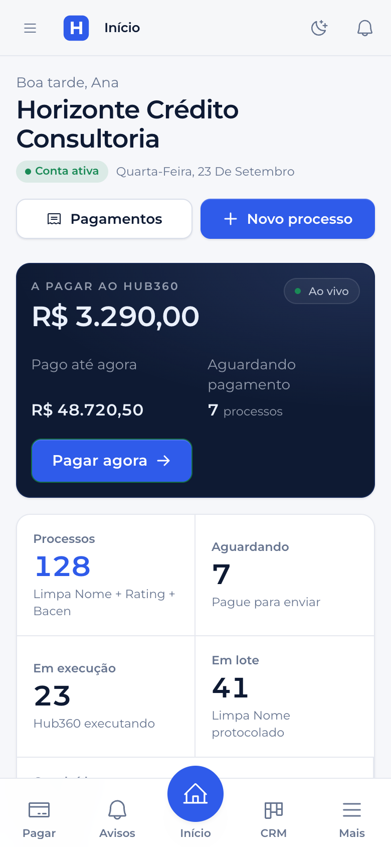 O mesmo painel no celular